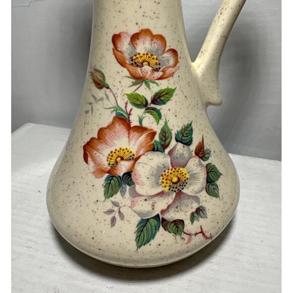 Fossil Craft Canada Pitcher Vase Speckled Ceramic 8" Tall Floral Design Vintage - Picture 2 of 7